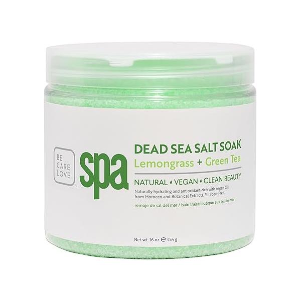 BCL SPA Dead Sea Salt Soak - Bath with Organic Lemongrass + Green Tea, Shae Butter, Arnica, Aloe Vera Juice, Chamomile, Argan Oil & Jojoba Skin Exfoliator Home/Professional Use 16 fl oz