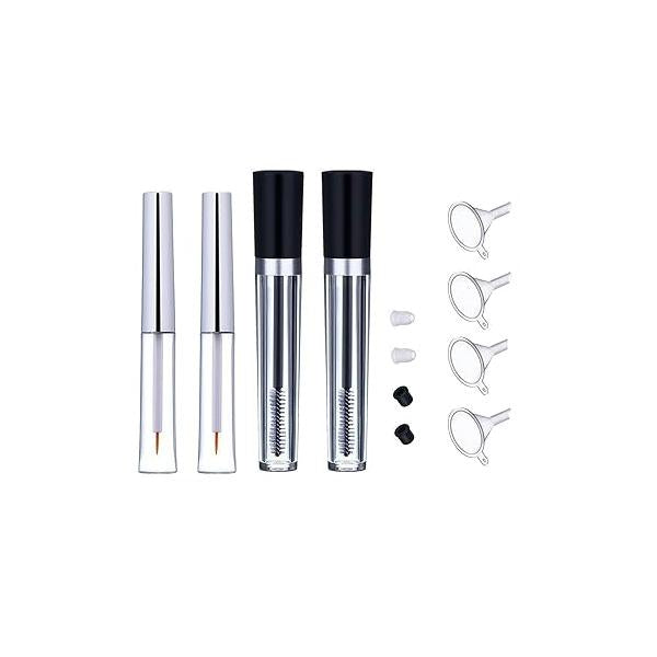 8ml Mascara Tube Empty and Wand Eyelash Cream Container Bottle 7ml Transparent Eyeliner Tubes with Rubber Inserts Funnels Set for Castor Oil DIY（Silver, Black)