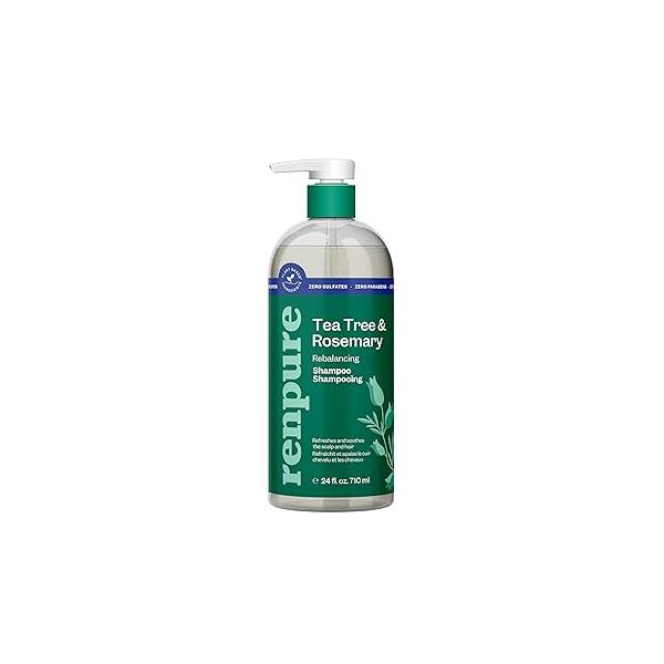 Renpure Plant Based Tea Tree and Rosemary Refresh Rebalance Shampoo - Soothes Dry Scalp Delivers Moisture Shine Rids Hair of Grime Dye Free Recyclable, Pump Bottle Design 24 fl oz