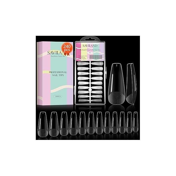 Saviland Matte Coffin Nail Tip - 240PCS No Need to File Acrylic Tips Professional French for Extension Full/Half Cover Dual Use Texture Press on Nails Pre-Shape 10 Sizes Salon DIY
