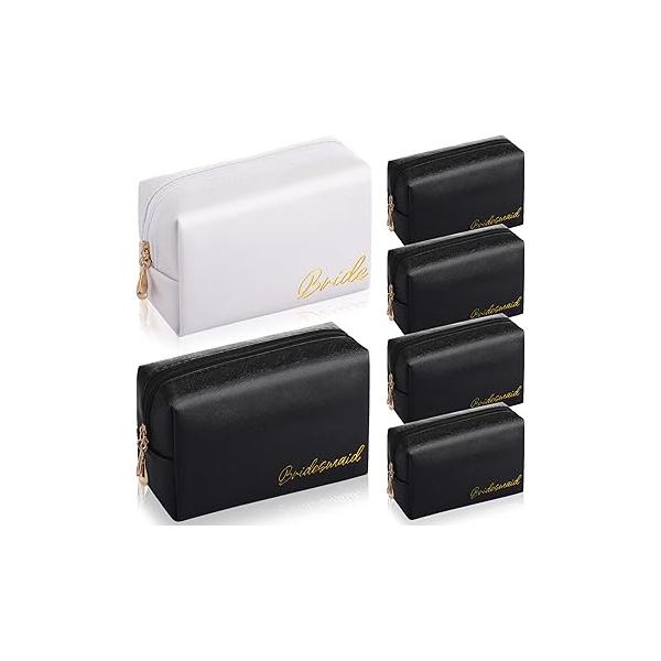 Hillban 6 Pcs Bride and Bridesmaid Cosmetic Bag PU Leather Makeup Waterproof Pouch Purse Toiletry Gifts for Bridal Shower, Wedding, Bachelorette Party(White, Ivory White)