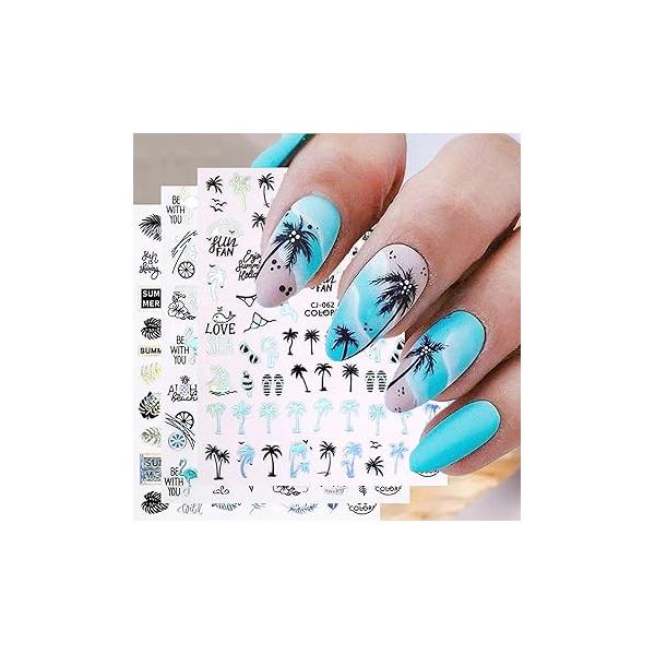 6pcs Fresh Summer Sticker for Nails - Starfish, Beach, Sea, Tropical Coconut Tree, Flower Nail Stickers with Laser Silvery Designs Funny Ocean Mermaid Art Women Girls