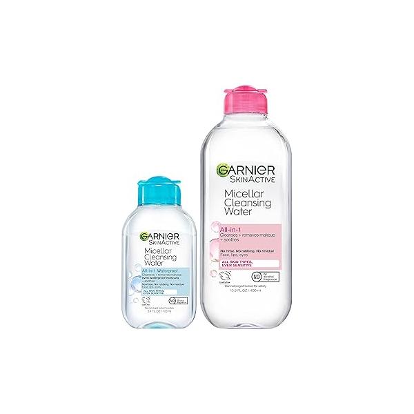 Garnier Micellar Cleansing Water, For All Skin Types, 13.5 fl oz + Waterproof Makeup, 3.4