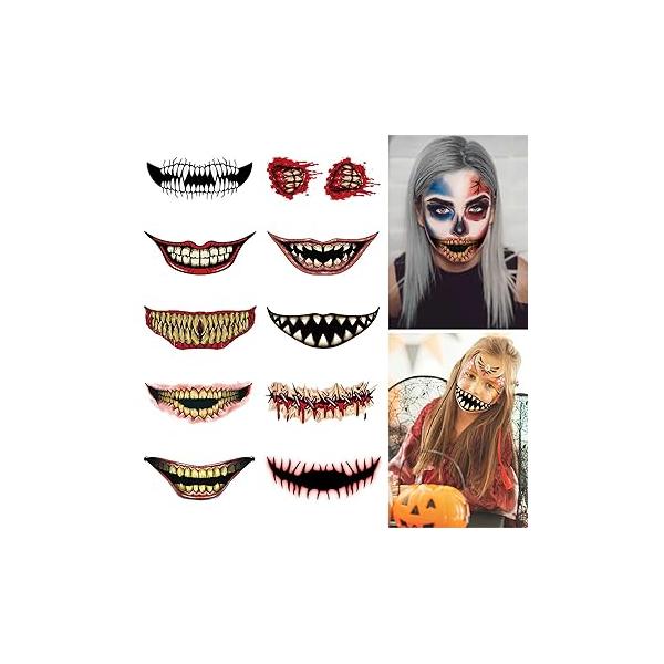 10PCS Halloween Prank Makeup Temporary Tattoos, Horror Realistic Fake Mouth Tattoo Sticker Scary Big Smile Face Scar Tattoos Props for Cosplay Party (1#)
