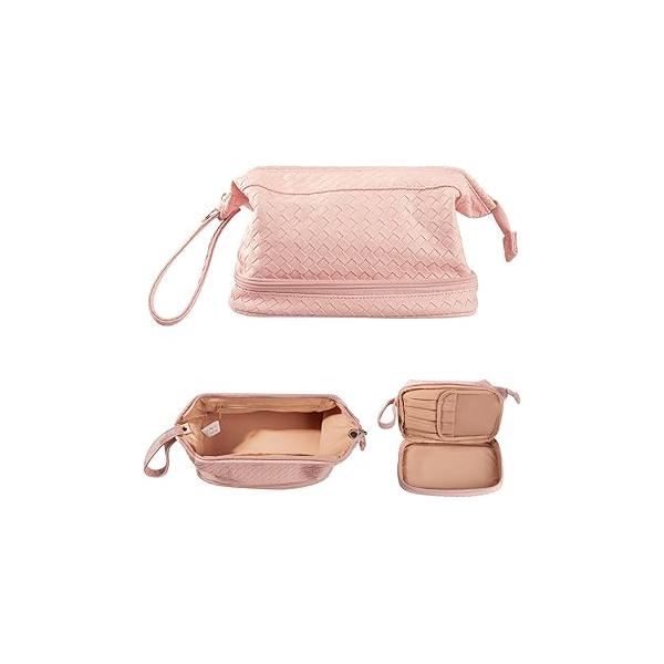 Abiudeng Large Capacity Makeup Bag Ladies Cosmetic Travel with Compartments Portable PU Leather Handle