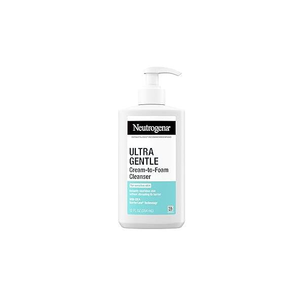 Neutrogena Ultra Gentle Cream-to-Foam Facial Cleanser, Transforms from a Creamy Cleanser to Foaming Face Wash for Sensitive Skin, Fragrance-Free, Hypoallergenic, Non-Comedogenic, 12 oz