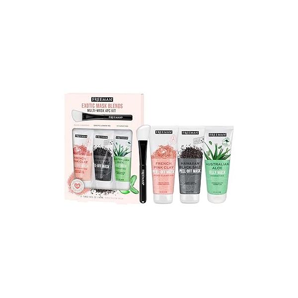 Freeman Exotic Blends Facial Mask 4 Piece Set, Peel-Off & Jelly Masks, Cleansing, Pore-Clearing Hydrating For All Skin Types, Includes Silicone Brush, Vegan Cruelty-Free