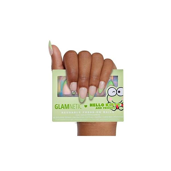 Glamnetic x Hello Kitty® and Friends Press On Nails - Pochacco™ | Short Oval Silver Metallic Graphic Fake in a Chrome Finish 15 Sizes 30 Nail Kit with Glue