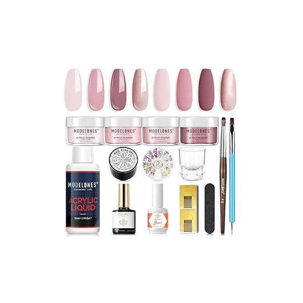 modelones Acrylic Nail Kit Clear Powder/White/Pink Powder and Liquid Set with Gel Nails Glue, Brush, 11pcs Extension for Beginner