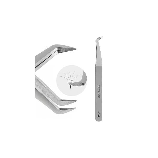 Volume Lash Tweezers Beyelian for Eyelash Extensions, Curved L High Precision Tip Mega Fans, Stainless Steel AS09 Silver.