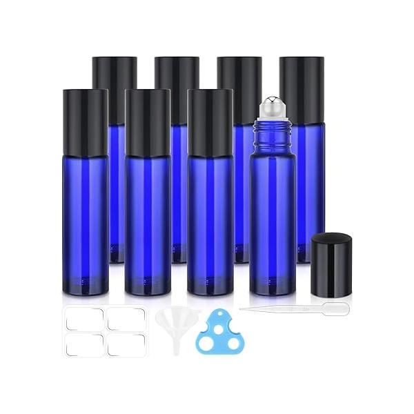 8 Pack Essential Oil Roller Bottles, 10ml Amber Glass Roll on Stainless Steel Ball, Opener, Plastic Pipettes, Funnel, Stickers, Refillable Container for Perfume