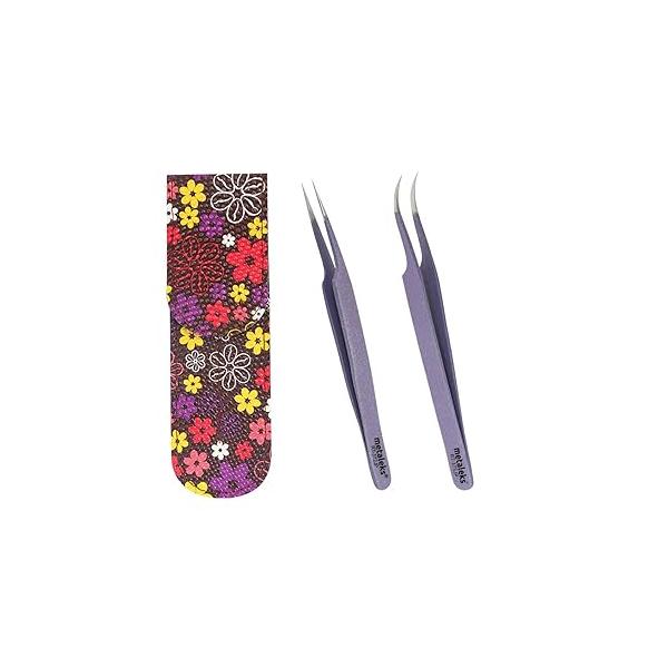 Tweezers for Eyelash Extension - Straight and Curved Pointed Professional Stainless Steel Precision set 2 Pcs With Pouch In Purple Powder Coating
