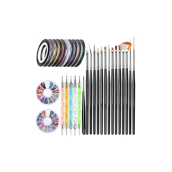 Teenitor Nail Art Brushes, Paiting Design 15 Gel Dotting Pen 5pcs, 12 Colors Rinestones & 10 Adhesive Striping Tape for False Acrylic Nails-Black