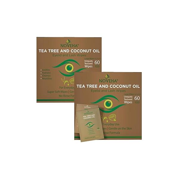 NOVEHA Tea Tree & Coconut Oil Eyelid Lash Wipes | For Demodex, Blepharitis Itchy Eyes, Box Of 60 Individually Wrapped Eyelash With Aloe Vera, Natural Makeup Remover Daily Eye Cleanser