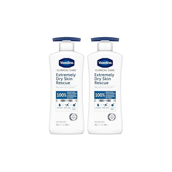 Vaseline Lotion for Dry Skin - Clinical Care, Extremely Rescue, Body Moisturizer, Fast-Absorbing Women and Men with Glycerin, Hydrating Lipids, 13.5 Oz Ea (Pack of 2)