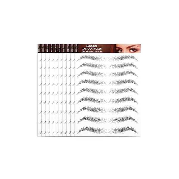 10 Sheets Waterproof Eyebrow Tattoo Fake Eyebrows Sticker 4D Hair-Like Tattoos Stickers Temporary For Women Long-Lasting Christmas Makeup Beginner(Black-10)