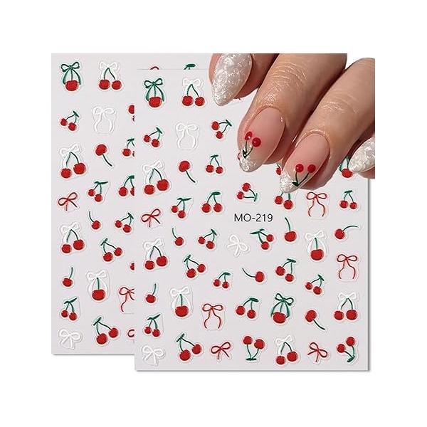 Cherry Nail Stickers 2 Sheets Cute Decals for Nails Art with Bow Red Design Self-Adhesive DIY Decoration Woman Girls
