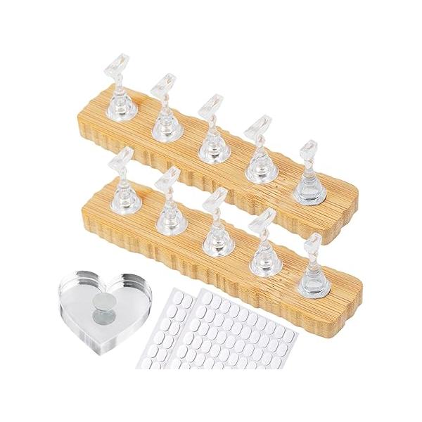 Wooden Stand for Nails Art Display Practice 2 Set, 1 Heart Shaped Acrylic Magnetic Nail Stand, Fake Holder with 200 Pieces Double-sided Tape, For Home DIY Salon Supplies (Wood, Medium)