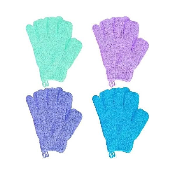 4 Pairs Bath Exfoliating Gloves Scrub, Double Sided Mitts Scrubs for Shower, Shower Body Scrubber Glove, Bathing Accessories Bath, Spa, Massage（Rose, Orange, Purple, Purplish Red）