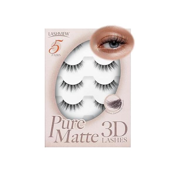 LASHVIEW Natural Look False Eyelashes 5 Pairs Wispy Fluffy 3D Volume Faux Mink Lash Pack, D Curl Cat Eye Lashes, Soft Lightweight Easy To Apply Daily Makeup R26