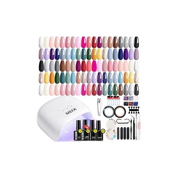 MEFA 60 Pcs Gel Nail Polish Kit with U V Light, 32 Colors All Seasons Nude Set Base and Matte/Glossy Glitter Top Coat Art DIY Decorations Manicure Tools Gifts for Women