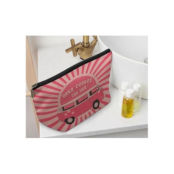 Ayxvt Here Comes the Sun Hippie Bus Sunshine Makeup Bag,Hippie Purse Pouch Travel Toiletry,Here hippie Gifts for women