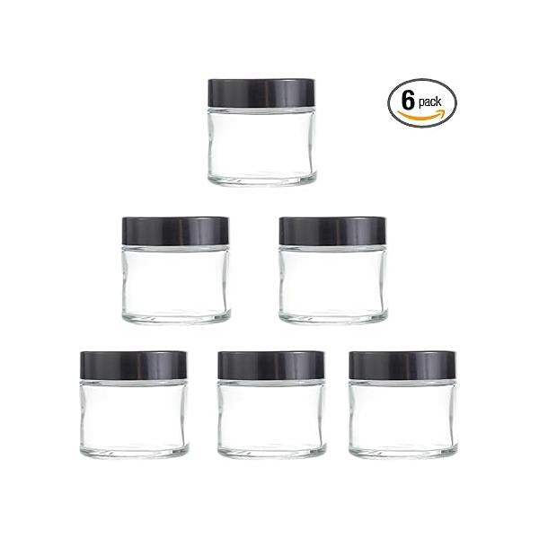 6 Pack, 2 oz 60g Clear Glass Cream Jars with Black Lids,Empty Round Refillable Cosmetic Containers Travel for Cosmetics,Body Butter,Scrubs,Face Lotion,Ointments,Spice