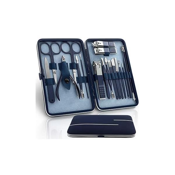Manicure Set Pedicure Kit Nail Clippers Fingernails & Toenails Vibrissac Scissor Best Care Grooming Tools for Man Women Gift with Case (Mazarine_7in1)