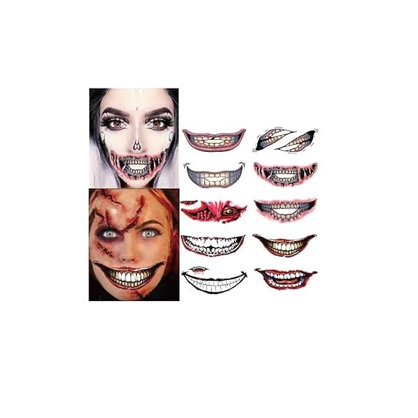 Halloween Prank Makeup Temporary Tattoo Stickers for Adults Kids, Clown Horror Mouth Fake Scary Big Face Tattoos Decals Kits Cosplay Party DIY Decoration 10Pcs