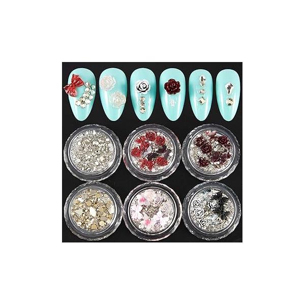 SILPECWEE 6 Boxes 3d Nail Charms Gold Art Flat Back Rhinestone Jewels Gems Pearls for Nails DIY Decoration with 1pc Tweezers, Picker Pencil