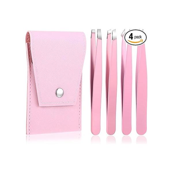 Precision Tweezers Set with Travel Bag, Professional Stainless Steel Eyebrow Plucker Tweezers, for Women Facial Hair, High Pink Chin, Ingrown Hair Removal