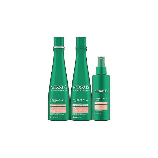 Nexxus Unbreakable Care Shampoo, Conditioner, and Leave-In Spray 3 Pack For Fine Thin Hair with Keratin, Collagen, Biotin