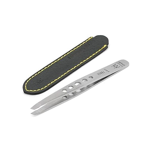 GERMANIKURE Professional Perforated Slanted Tweezers - FINOX Stainless Steel Sharp in Leather Case Ethically Made Solingen, Germany 4403