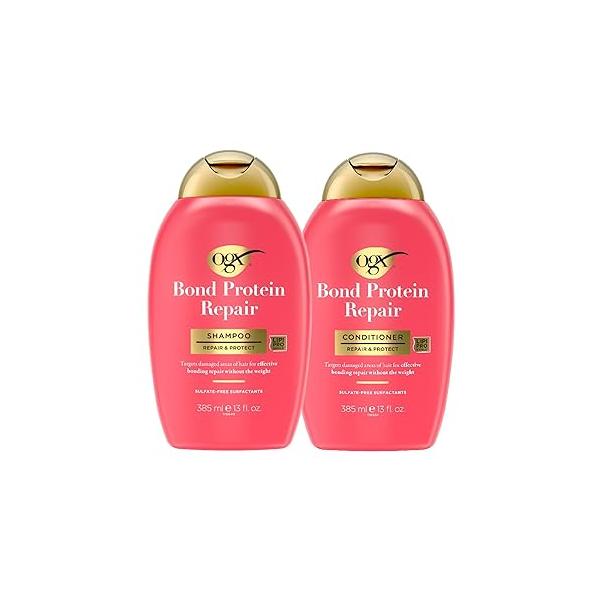 OGX Repair + Protect Bond Protein Shampoo Conditioner, Targets Damaged Areas of Hair for Effective Repair, Sulfate-Free Surfactants, 13 fl. Oz (Pack 2)