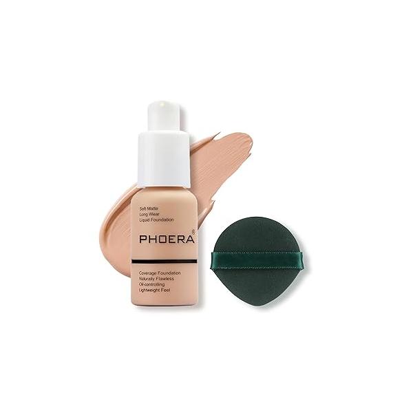 PHOERA Foundation Makeup, Flawless Soft Matte Oil Control Liquid Foundation, Full Coverage Mattle Oil-Control Concealer for Older Women, Great Choice For Gift (#102 Nude)