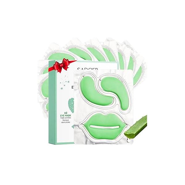 10 Pair Under Eye Mask & Lip Skincare Set, Aloe Vera Patches for Puffy Eyes, Dark Circles, Dry Lips Lines, Deep Hydrating Moisturizing Women Men