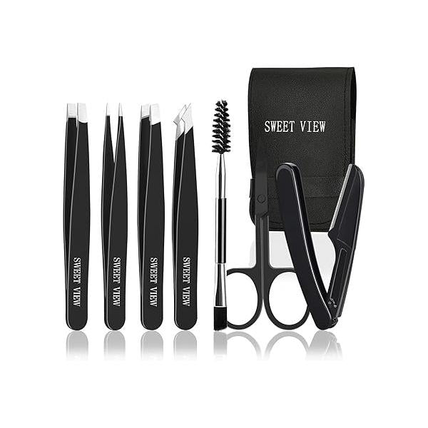7pcs Eyebrow Tweezers Kit for Women Precision Plucker with Brow Scissors & Razor Spoolie Facial, Chin, Brow, Splinter and Ingrown Hair