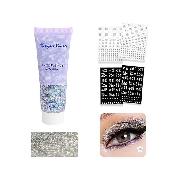 Body Glitter, Silver Face Glitter & 4 Sheets Gems Sticker Singer Concerts Music Festival Rave Accessories Mermaid Paint Chunky Hair Sparkling for Women 50ml
