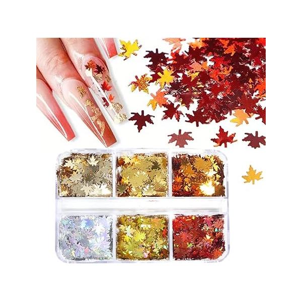6 Girds Maple Leaf Nail Art Glitters Holographic Fall Sequins Autumn Thanksgiving Decorations Supplies Gel Polish Leaves Design Glitter Flakes Manicure Set