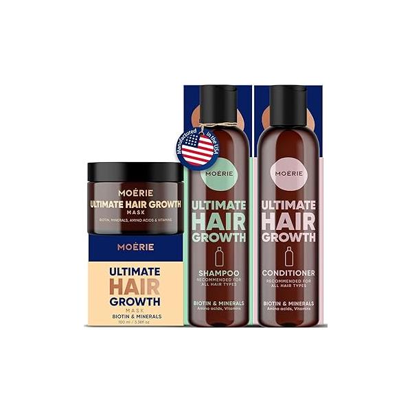 Moerie Shampoo and Conditioner Plus Hair Mask Spray Mega Pack - The Ultimate Growth Care For Longer, Thicker, Fuller - Volumizing Products Paraben & Silicone Free (Set of 4)