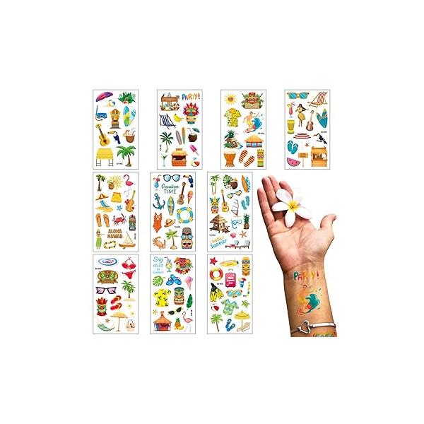 10 Sheets Hawaiian Temporary Tattoos Summer Topic Surfing Tattoo Sticker Coconut Tree for Men Women Holiday Sea Beach Party Favor Makeup Costume Supplies