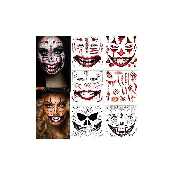 5 Sheets Halloween Scary Face Tattoos+1 Sheet Fake Scars Stitches Tattoo,Bloody Mouth Tattoo,Halloween Zombie Make Up,Fake Wounds,Halloween Prank Makeup Temporary Tattoo (B)