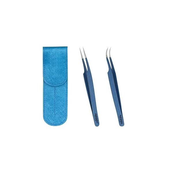 Tweezers for Eyelash Extension - Straight and Curved Pointed Professional Stainless Steel Precision set 2 Pcs With Pouch In Purple Powder Coating