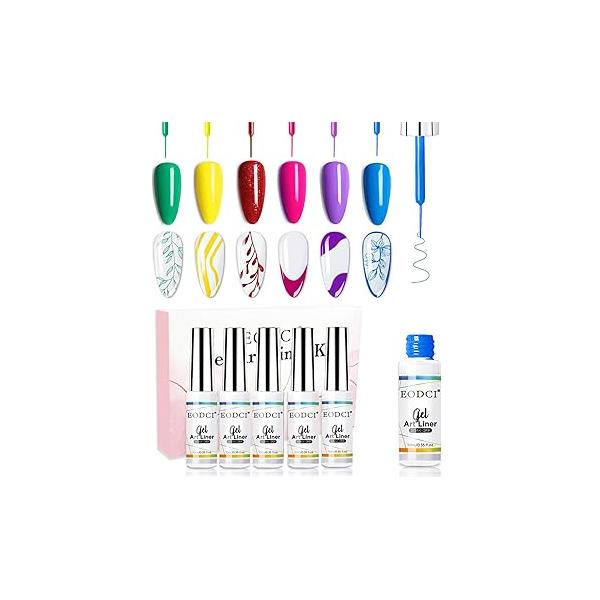 Nail Art Liner Set 6 Pcs Black White Red Gold Silver Glitters Colors Paint Swirl Built Thin Brush in Bottle Soak off Led Lamp Gel Polish Manicure Kits