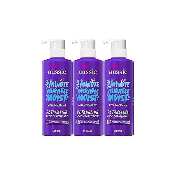 Aussie 3 Minute Miracle Moist Deep Conditioner for Dry Hair, Avocado & Jojoba Oil, Safe Color Treated Nourishing Hydration, Silky Shine, Paraben-Free, 16 Fl Oz Each, Triple Pack