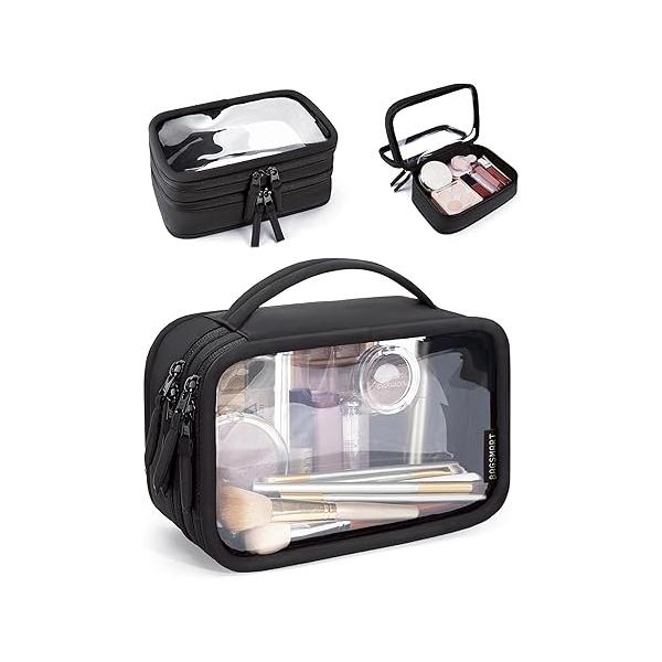 BAGSMART Double Layer Clear Makeup Bag, TSA-Approved Toiletry Large Opening with Handle, Cute Water-Resistant Travel Cosmetic Bag Zipper for Car Essentials(Black)