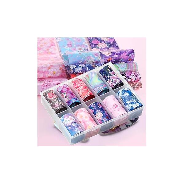 Flowers Nail Art Foil Transfer Stickers Decals, Holographic Pink Floral Design, Foils for Glue Polish, Women Fingernails Toenails Acrylic Nails Decoration (10 Rolls)