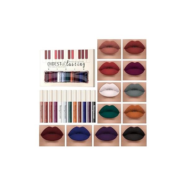 12PCS Matte Liquid Lipstick Set Non-Stick Cup and Not Fade Pigmented Long-Lasting Waterproof Velvet Lipgloss Kit Makeup for Girls Women (Set 01)