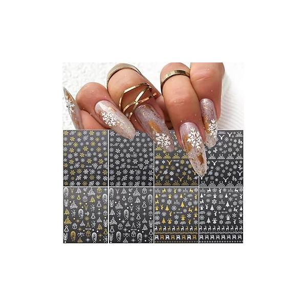 8 Sheets Christmas Nail Stickers 3D Snowflake Art Supplies Santa Claus Snowflakes Tree Elk Decals Gold Silver White Designs Xmas Winter Sticker for Art, New Year Decorations