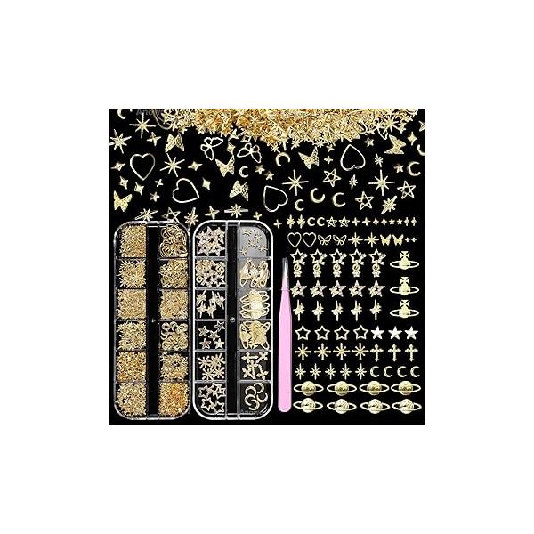 2 Boxes 300 Pcs Gold Nail Charms, Cherry Bows Star Heart Crosses Butterfly Crown Multi Shapes Golden Art Studs, Y2K Charms for DIY